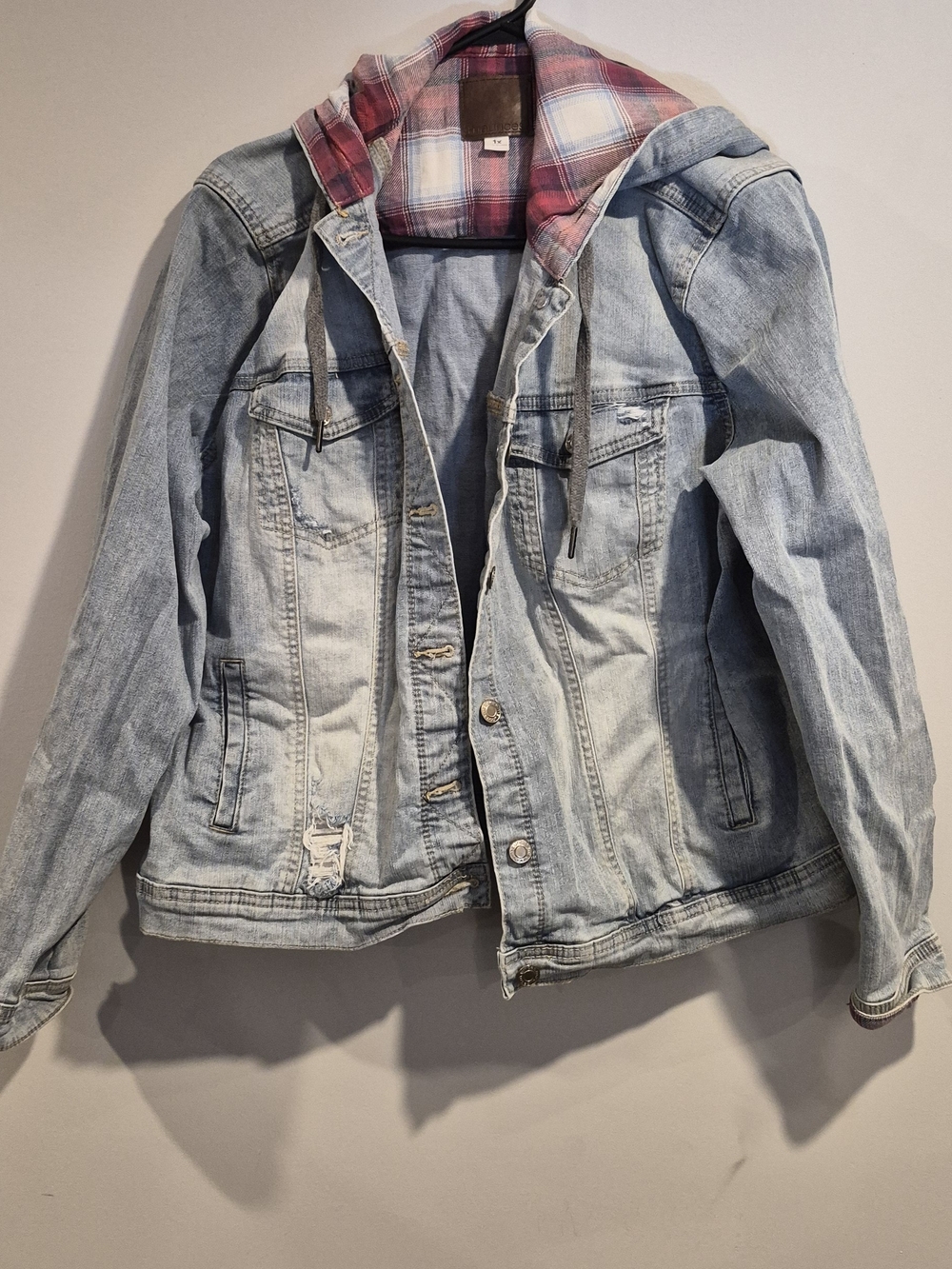 Light Wash Denim Jacket with Plaid Hood